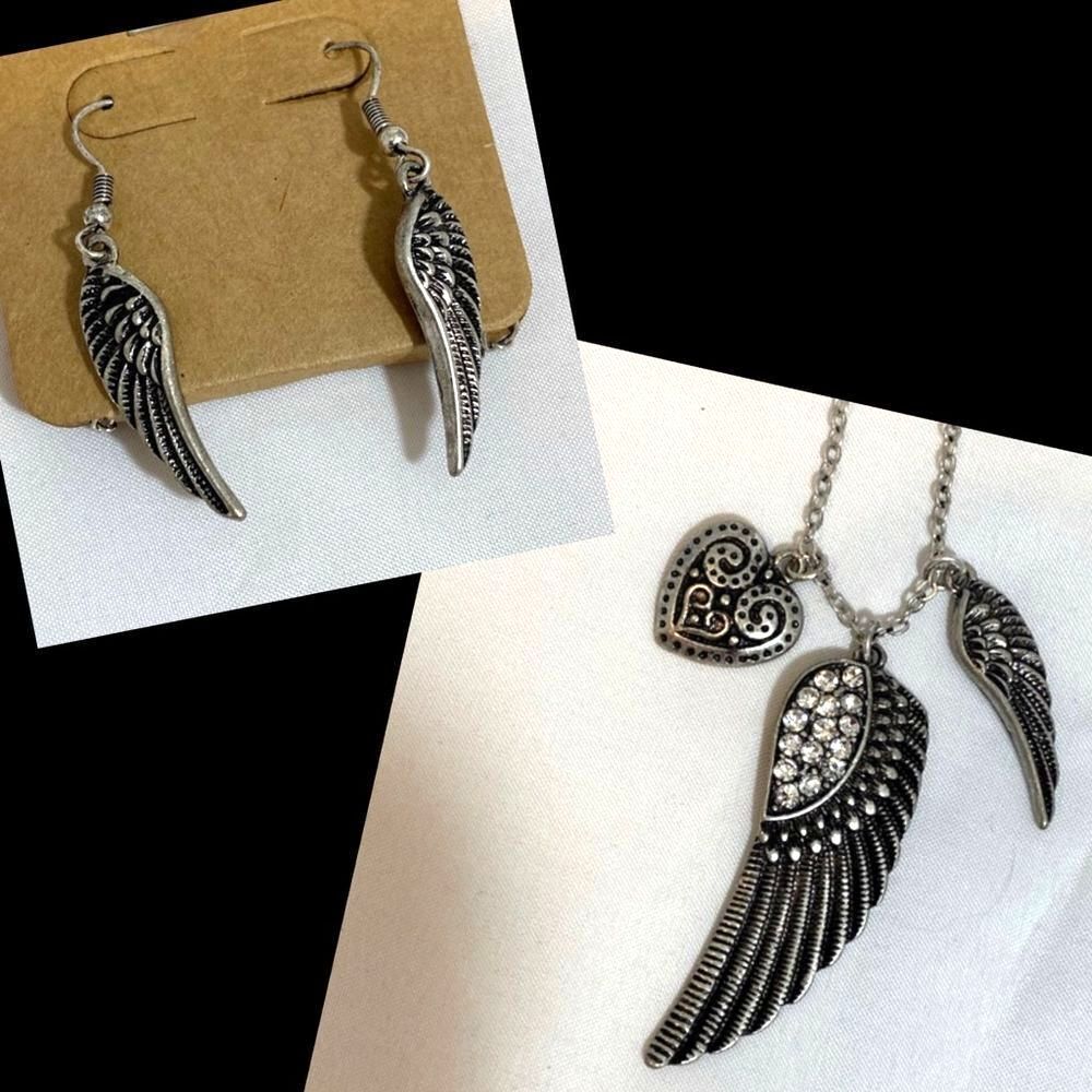 Feather Heart Silver Necklace Earring Set